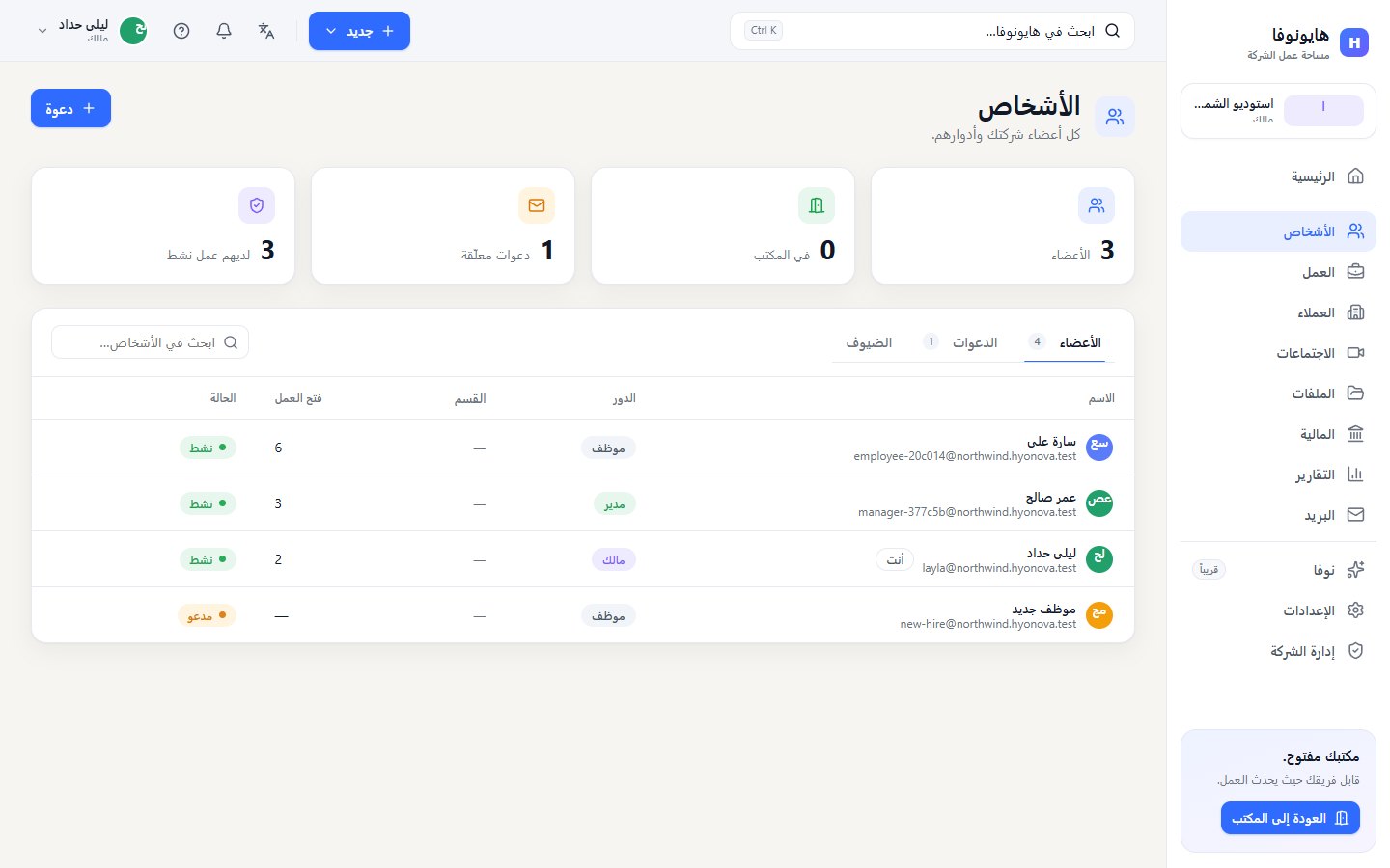 صفحة الأشخاص مع بطاقات الأرقام وتبويب الأعضاء وجدول الأعضاء