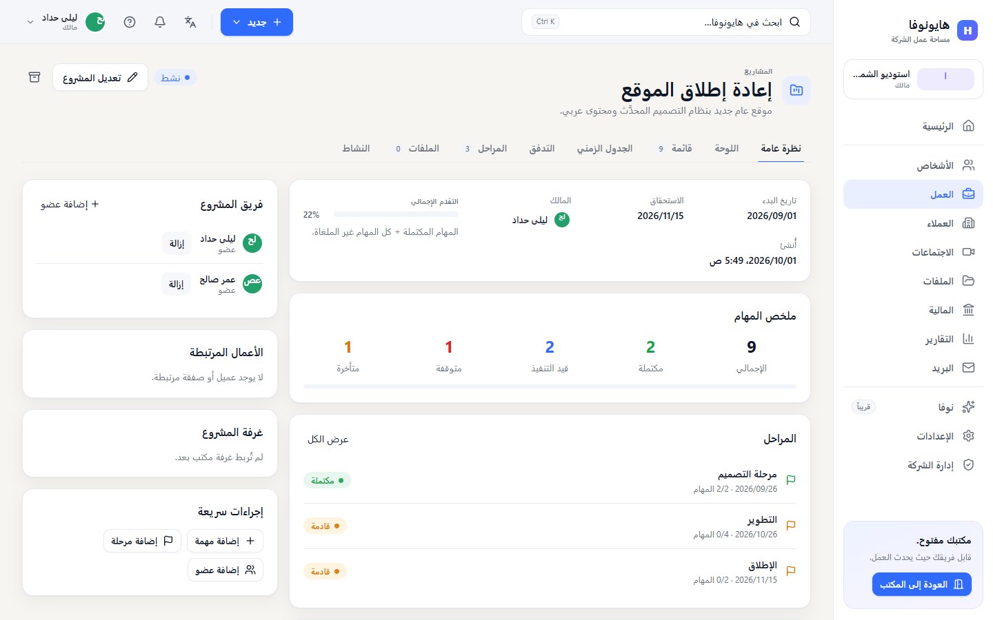 النظرة العامة لمشروع مع التقدم وملخص المهام والمراحل وفريق المشروع