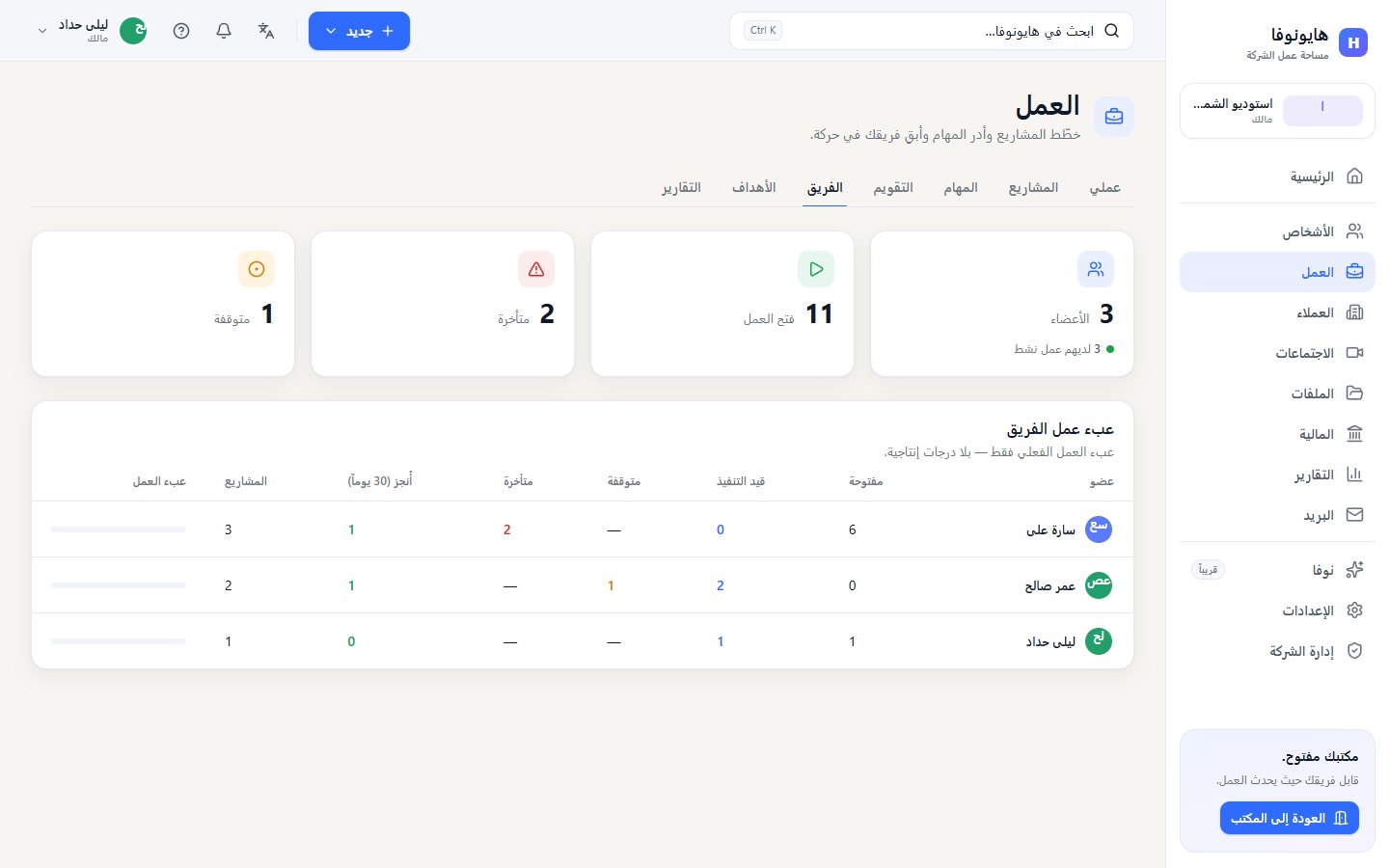 صفحة الفريق مع عبء العمل لكل عضو