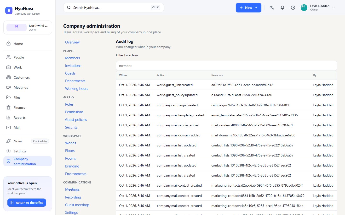 The audit log page with the action filter and a table of recent changes