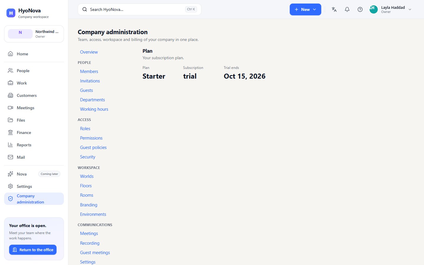 Company administration Billing section on the Plan page