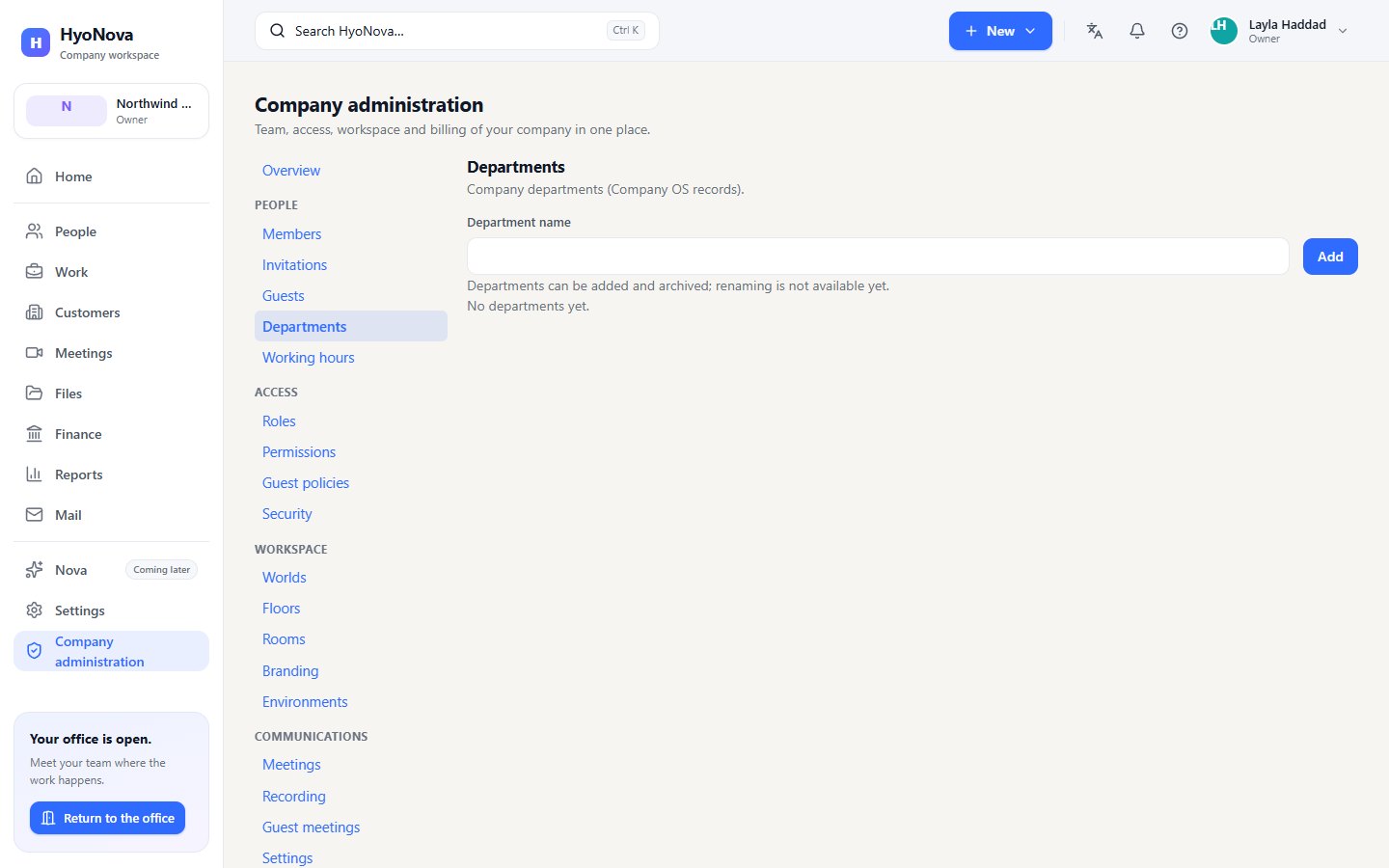 The Departments page with the department name field and the list of departments