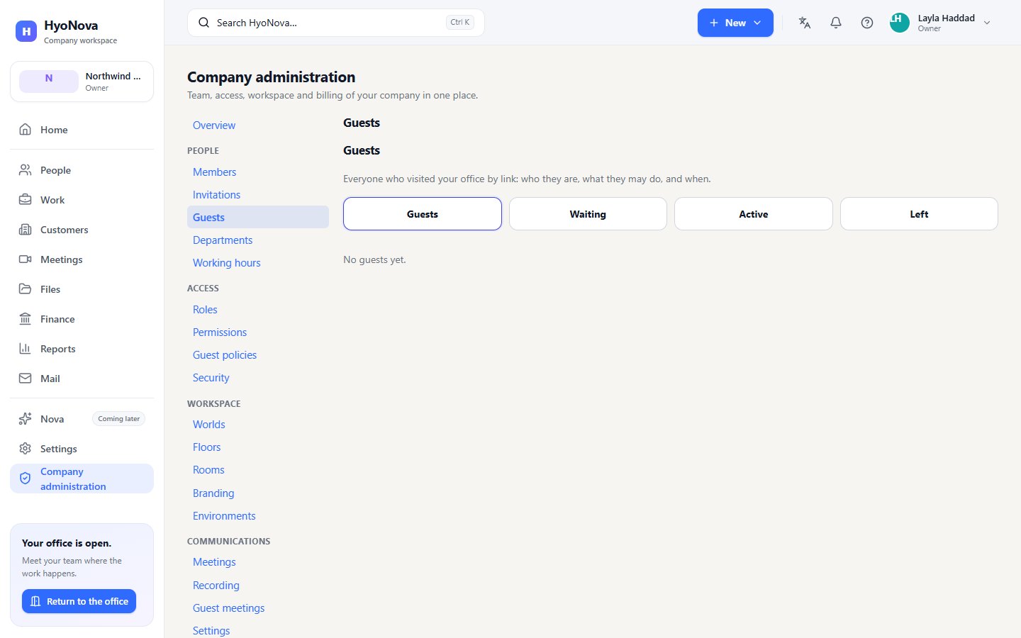 Company administration on People › Guests with the filters Guests, Waiting, Active and Left