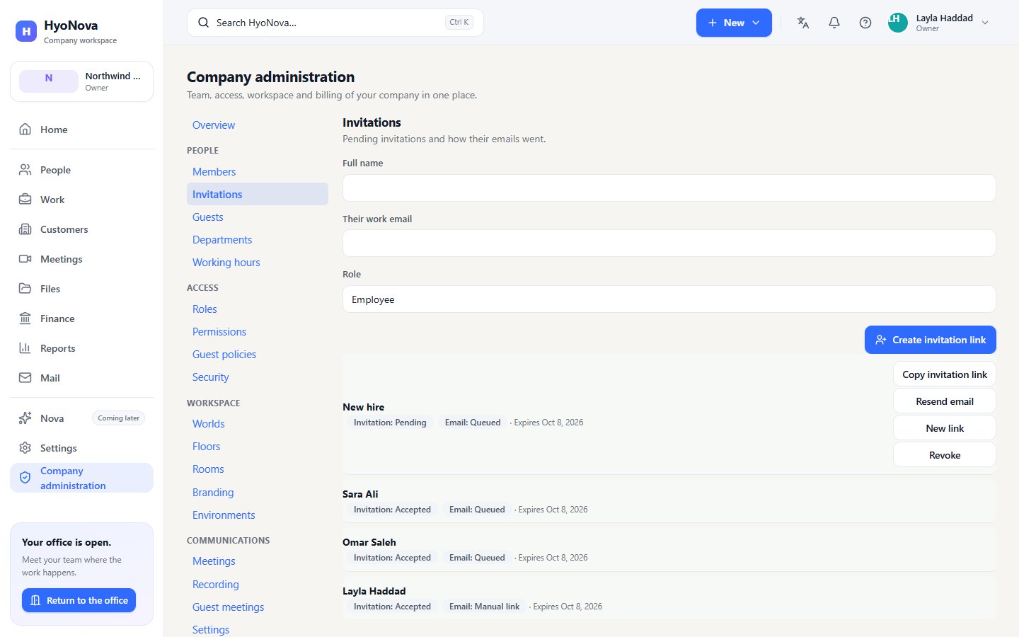 The Invitations page in Company administration with the invite form and the invitation list