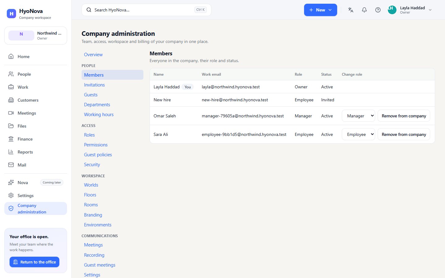The Members page in Company administration with the Change role column