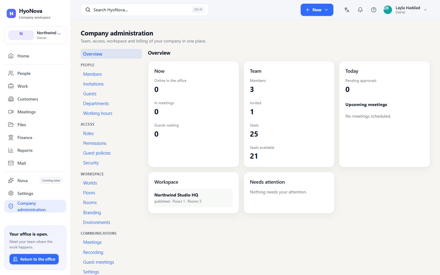 Company administration overview with the Now, Team, Today, Workspace and Needs attention cards