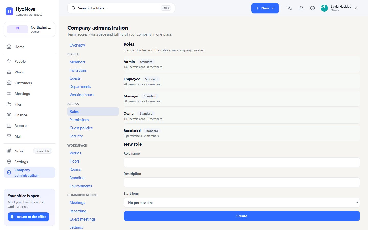 The Roles page with the standard roles and the New role form