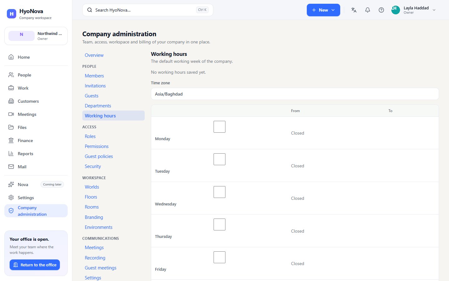The Working hours page with a time zone and a row for each day of the week