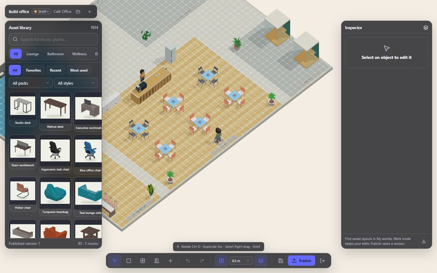 The office builder with the asset library, the office and the inspector