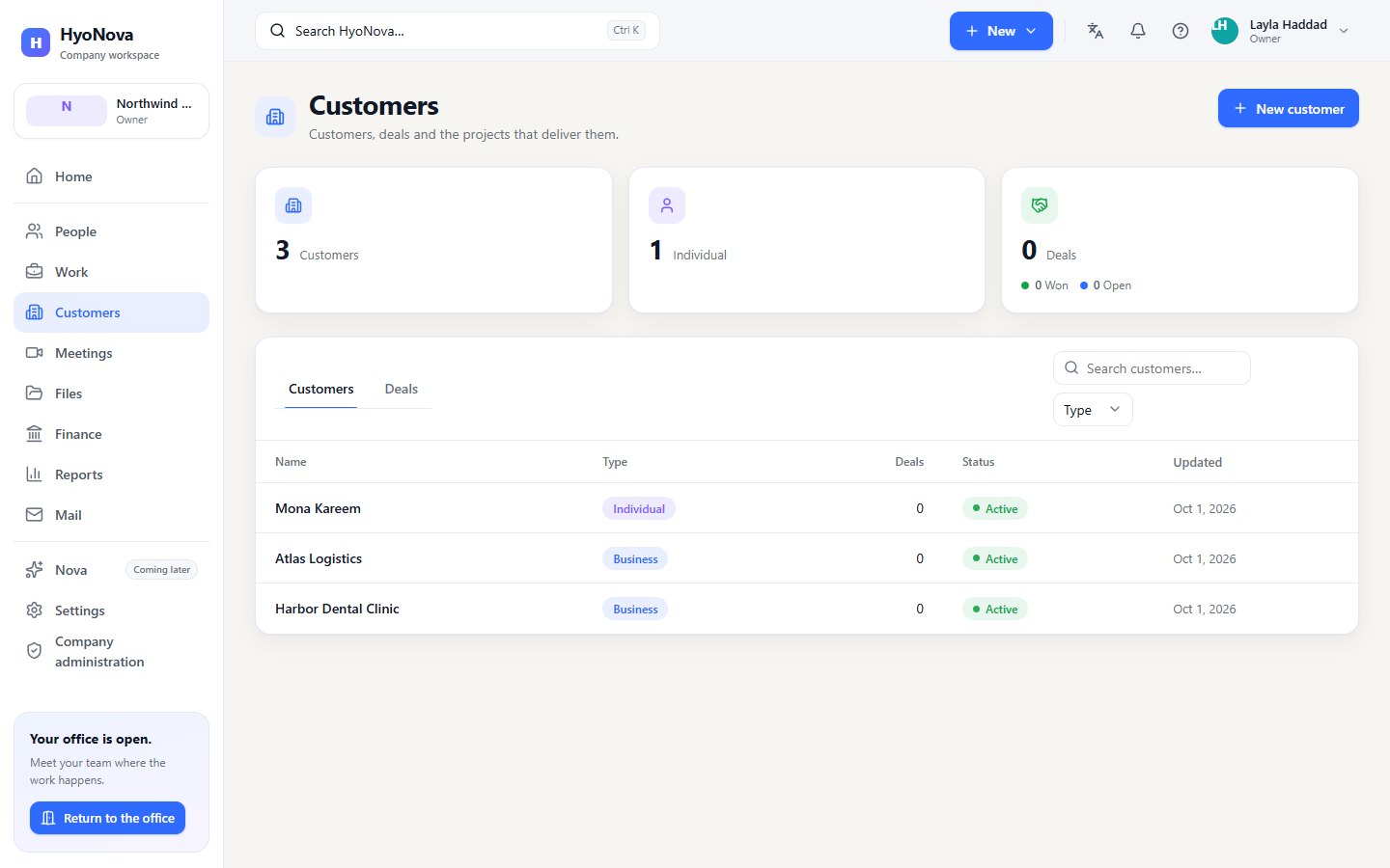 The Customers page with counters, the Customers and Deals tabs and the customer list