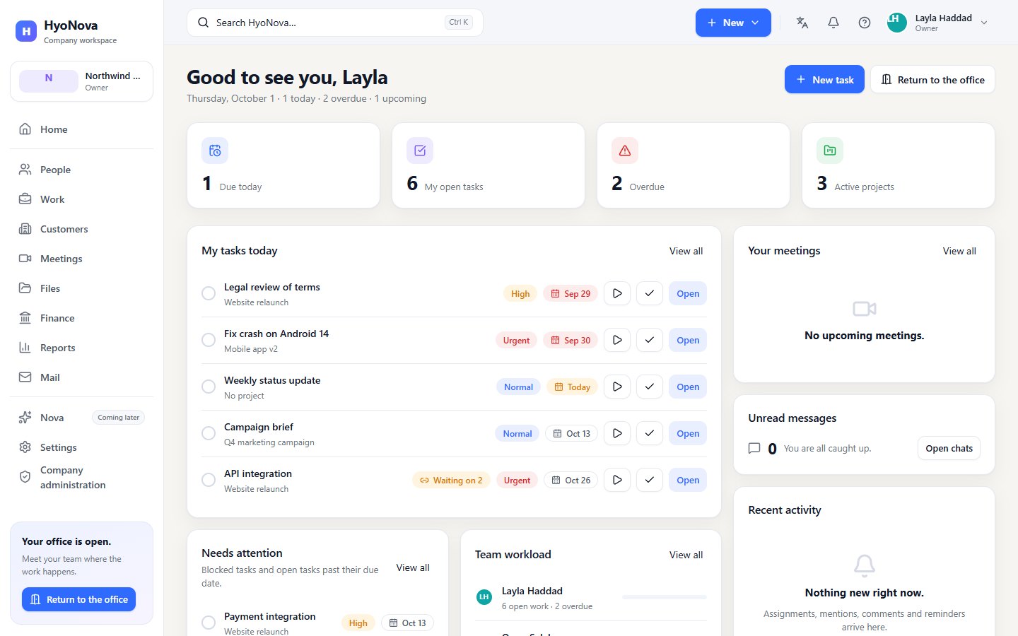 The company workspace with the sidebar, the top bar and Home
