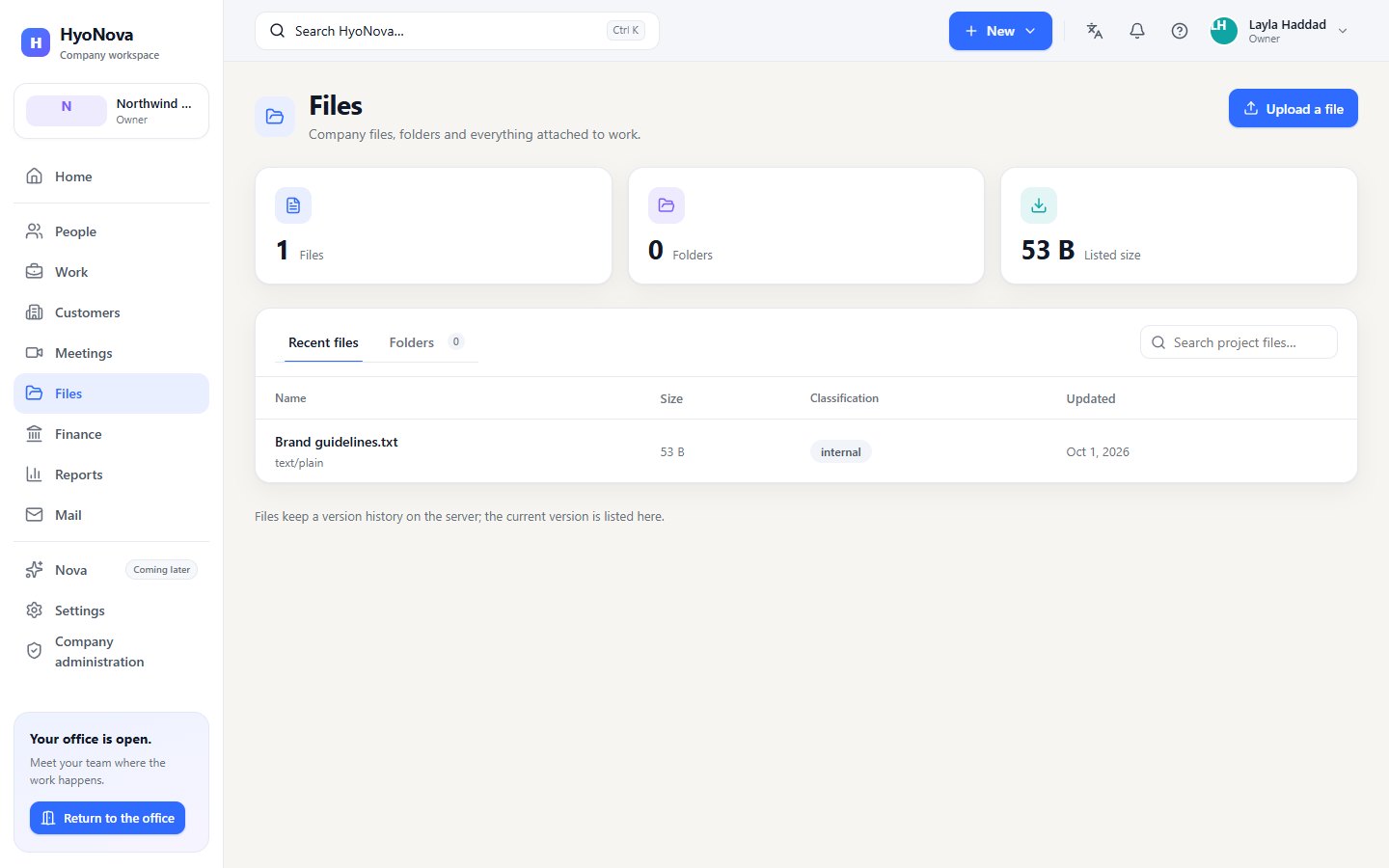The Files page with counters, Recent files and Folders tabs and an uploaded file