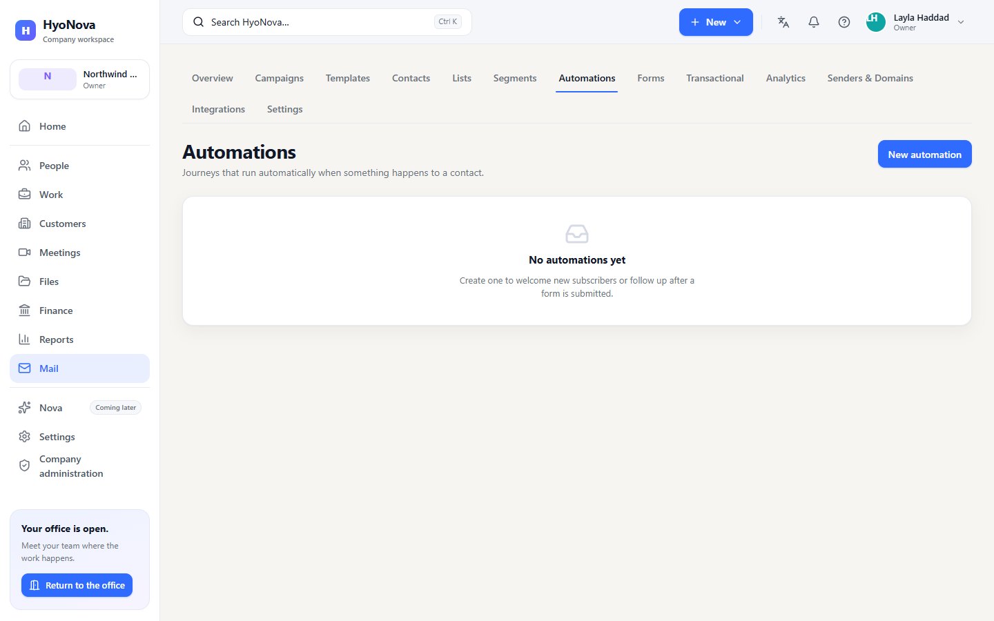 The Automations page with New automation