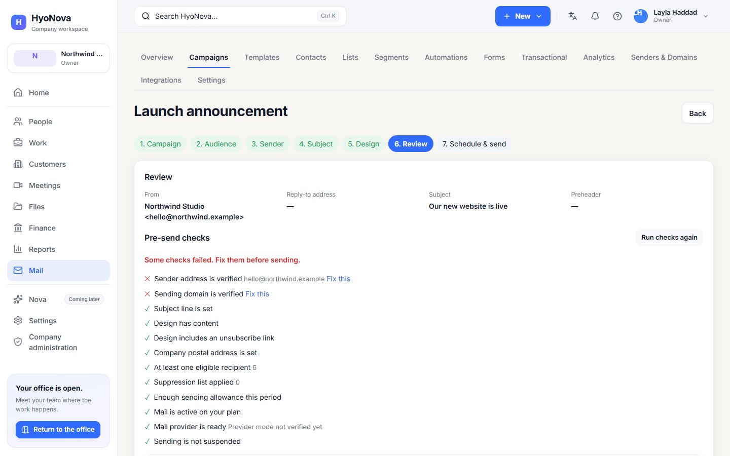 The Review step of a campaign with the pre-send checks and Send test