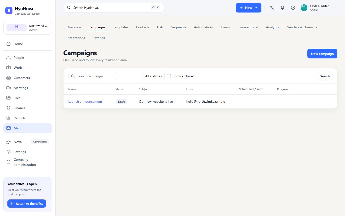 The Campaigns page with search, a status filter, Show archived and New campaign