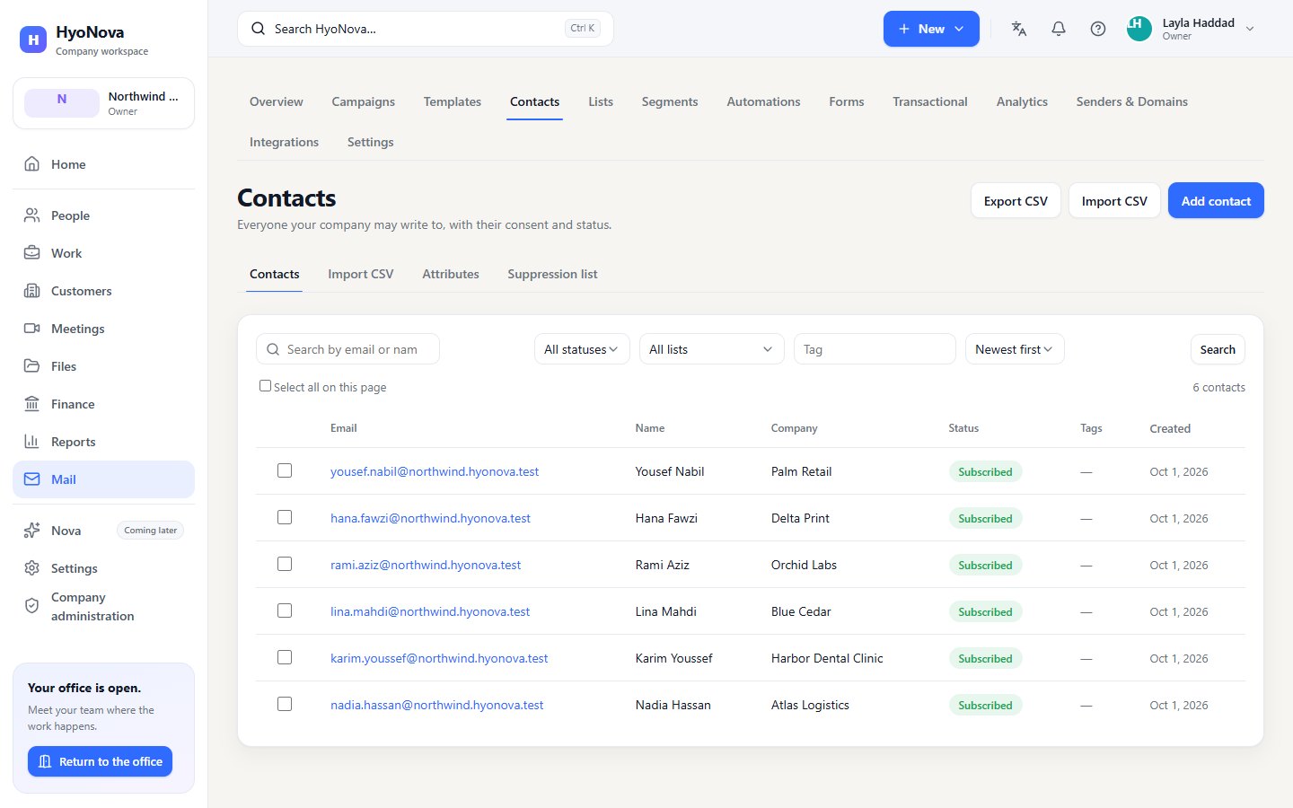 The Contacts page with Export CSV, Import CSV and Add contact, filters, and a table of subscribed contacts