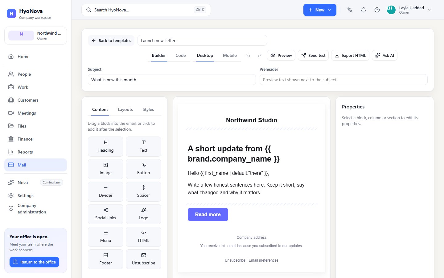 The email editor in Builder mode with the Blocks panel, the email canvas and the Properties panel
