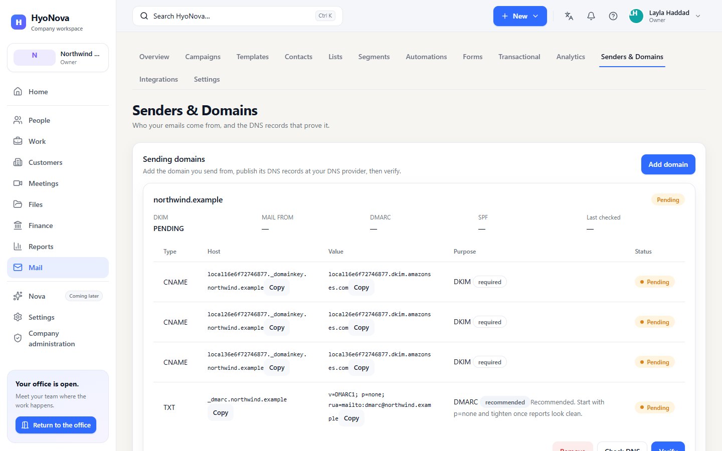 Sending domains and senders in Mail settings