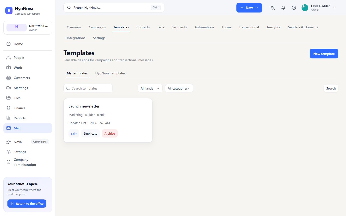 The Templates page with the My templates and Hyo Mail templates tabs, filters and New template