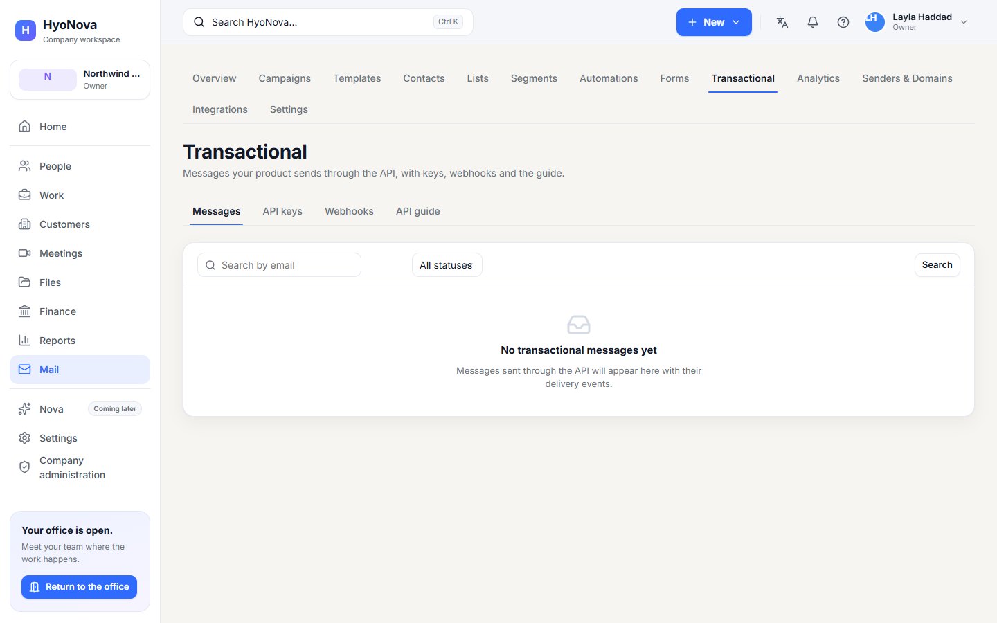The transactional messages page with the Messages, API keys, Webhooks and API guide tabs