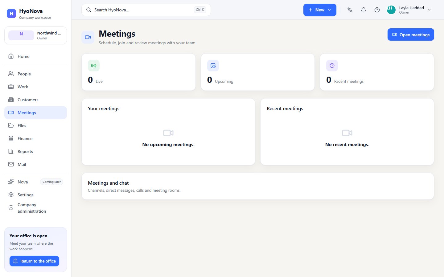 The meetings panel with the New meeting form