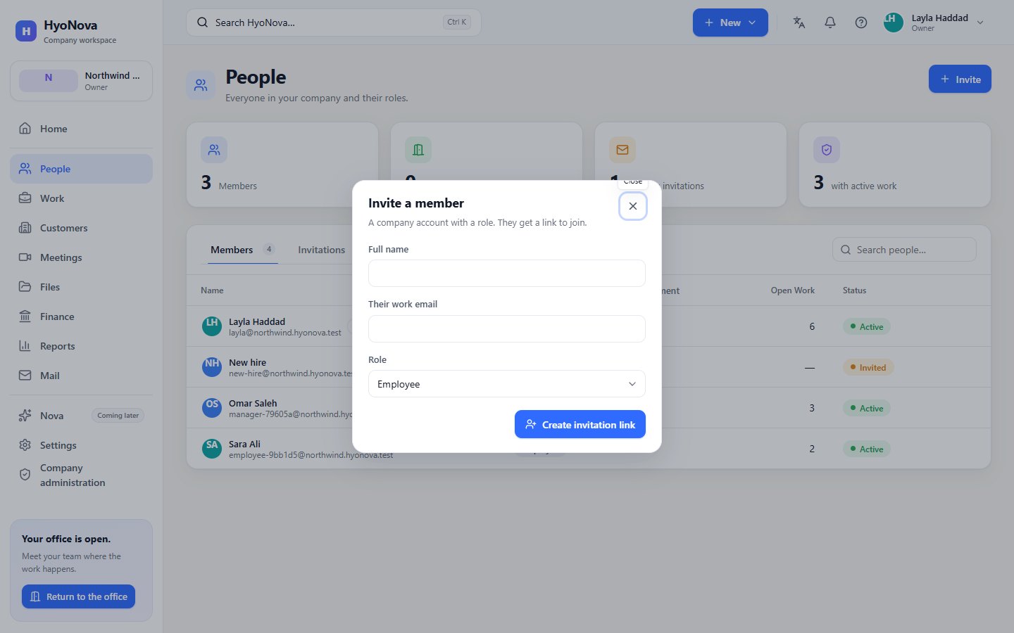 The Invite a member dialog on the People page