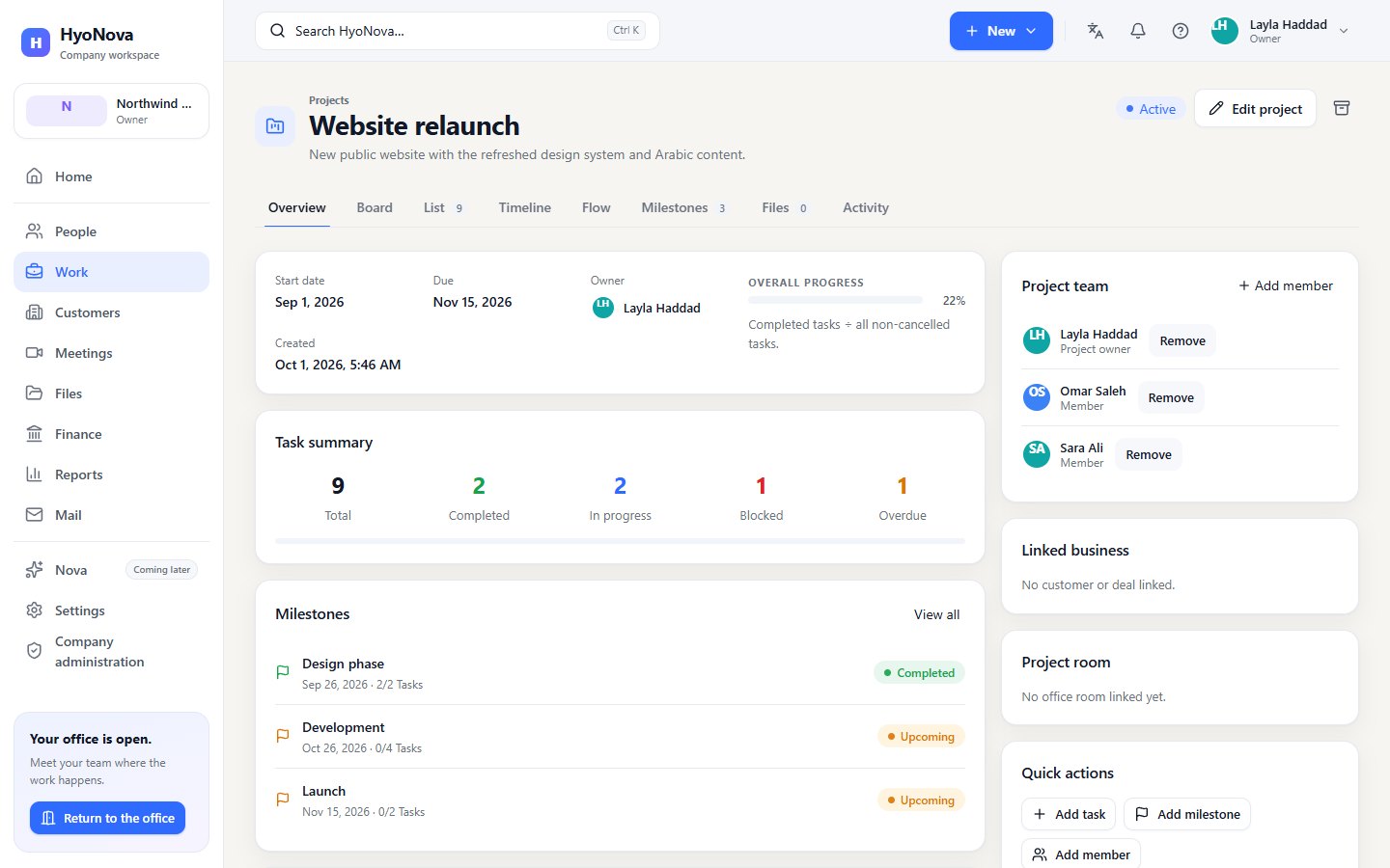 A project overview with progress, task summary, milestones and project team