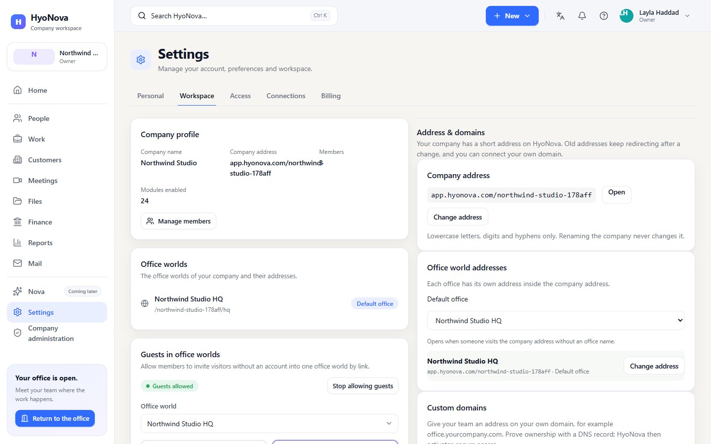 Settings on the Workspace tab with guests allowed, the guest link form and the guest links list