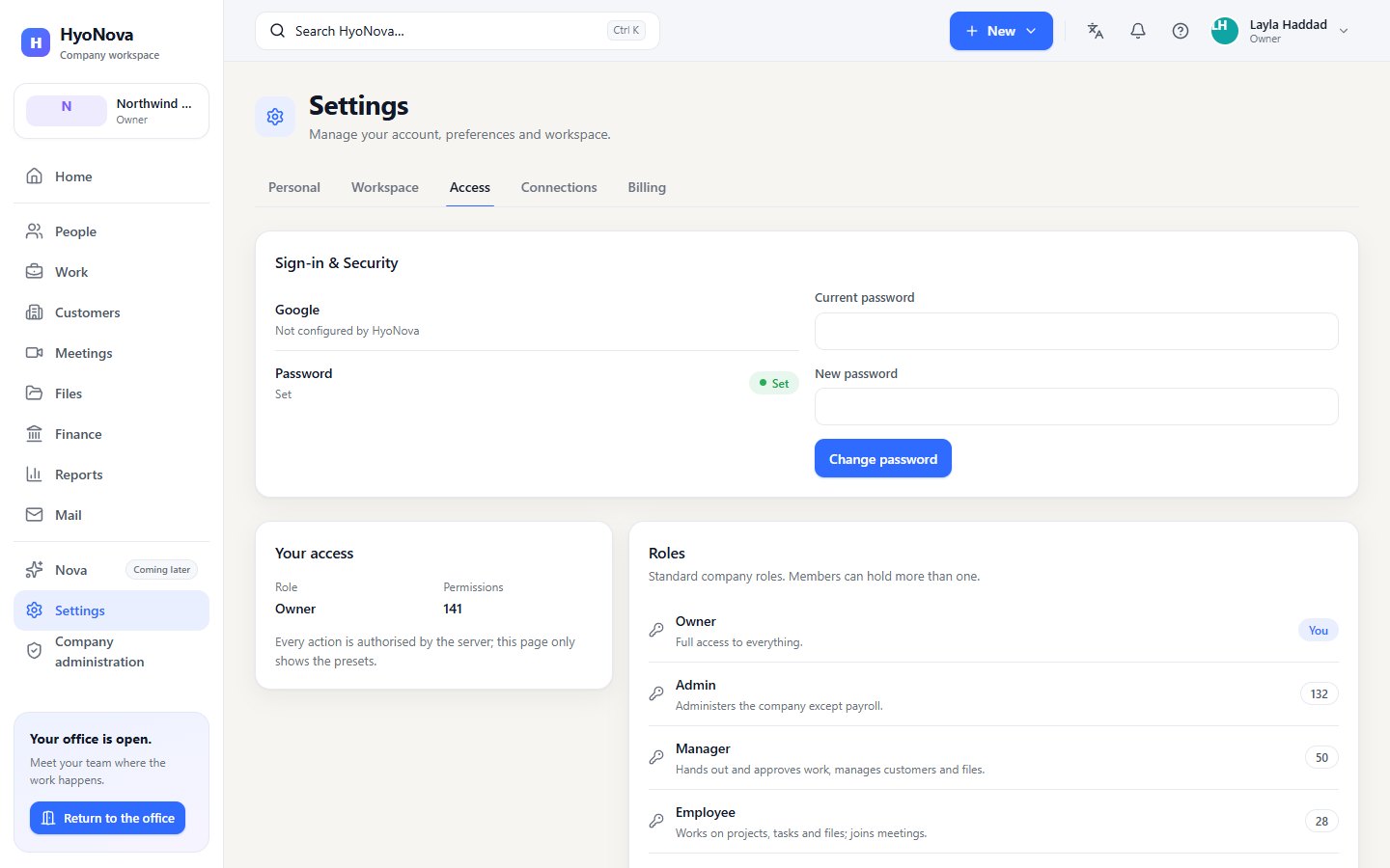 Settings, Access tab, with the Sign-in & Security card showing Google and Password and the change password form