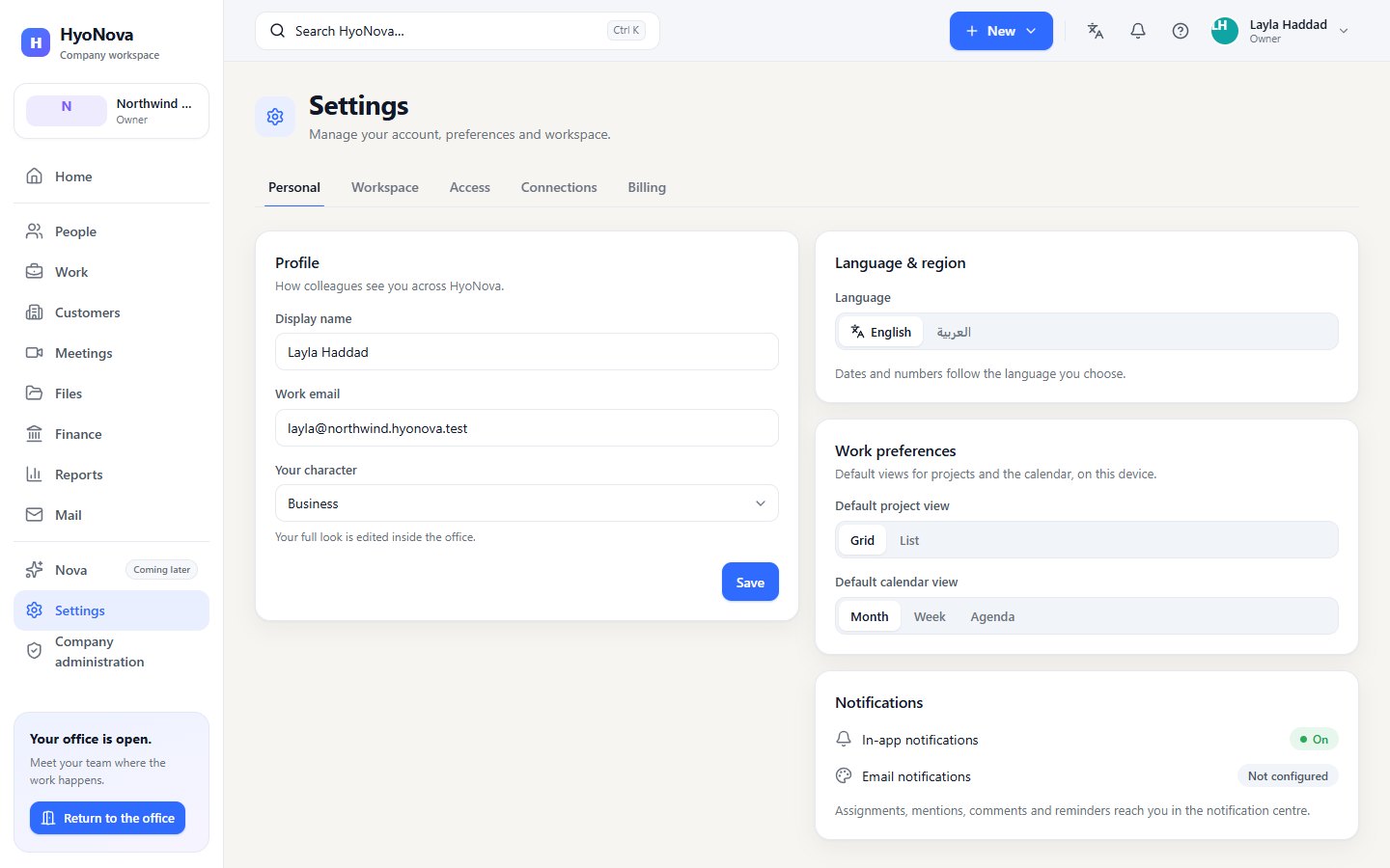 Settings on the Personal tab with Profile, Language & region, Work preferences and Notifications