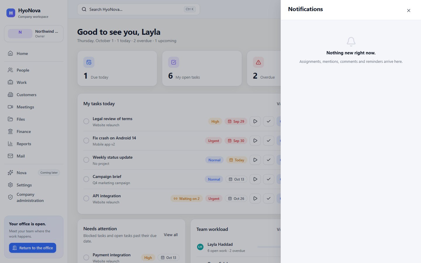 The Notifications panel with assignments, mentions and reminders
