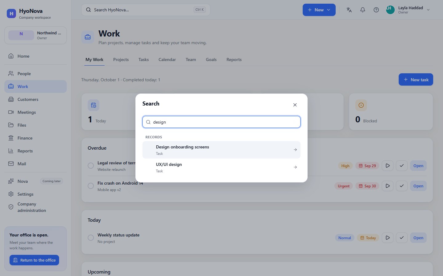 The search dialog with pages, people and records