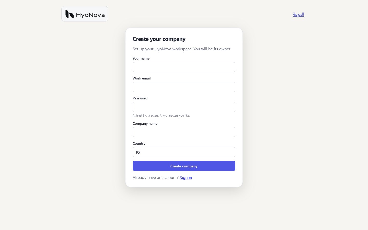 The sign-up form with name, work email, password, company name and country