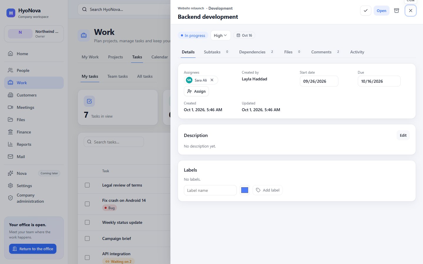 The task panel with status, priority, due date and the Details, Subtasks, Dependencies, Files, Comments and Activity tabs
