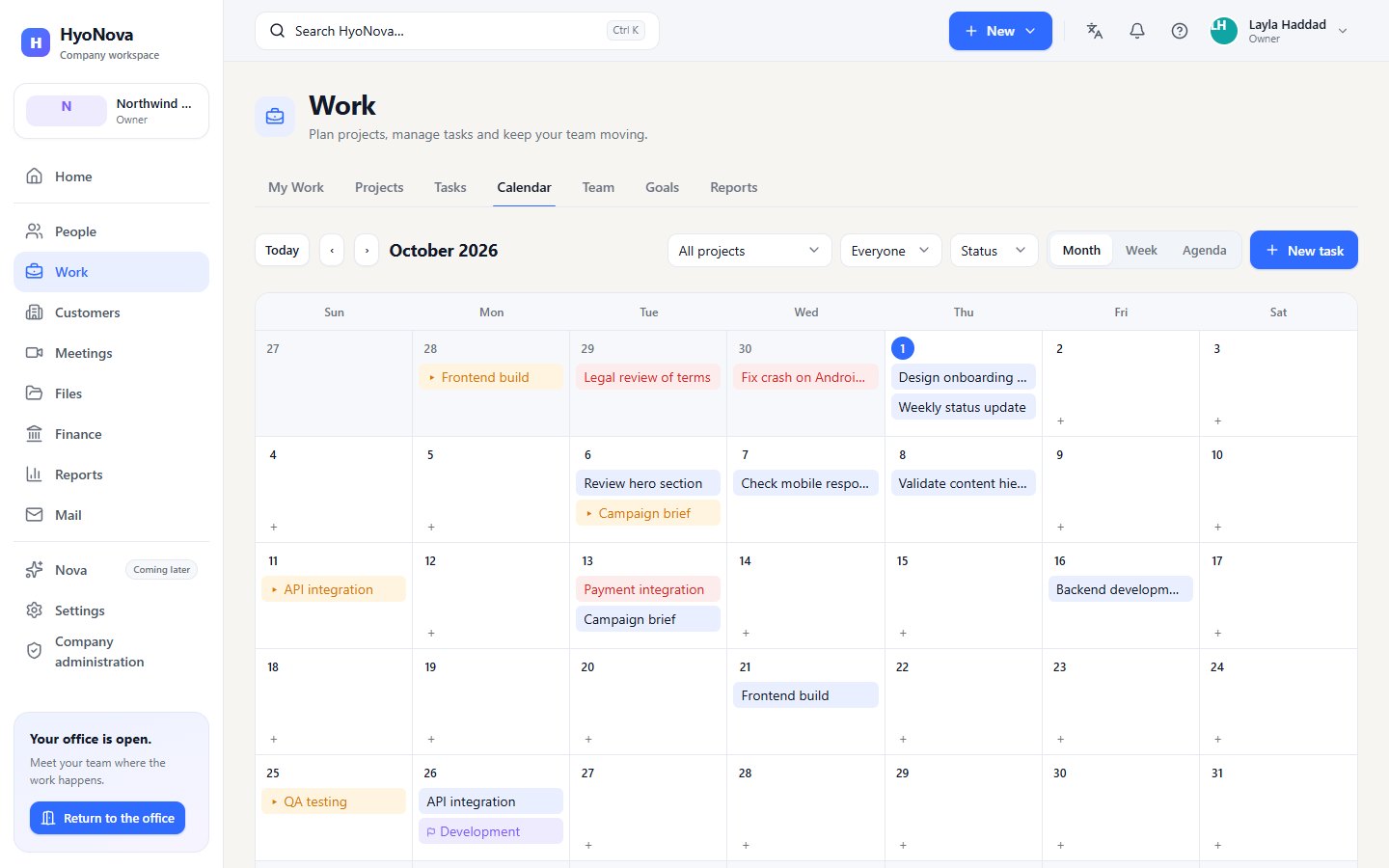 The work calendar in month view with tasks and milestones