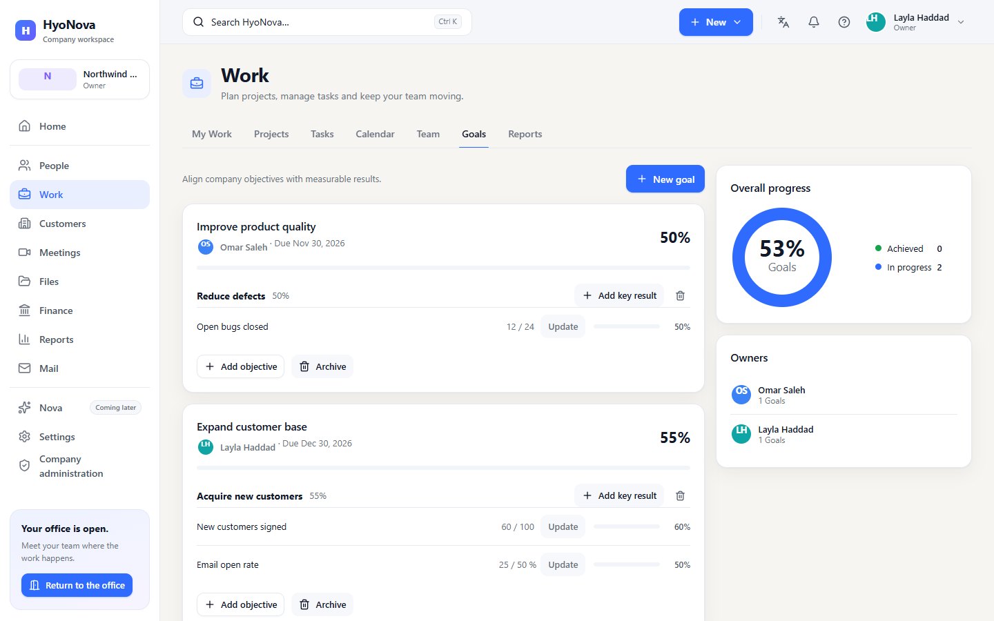 The Goals page with a goal, its objectives and key results