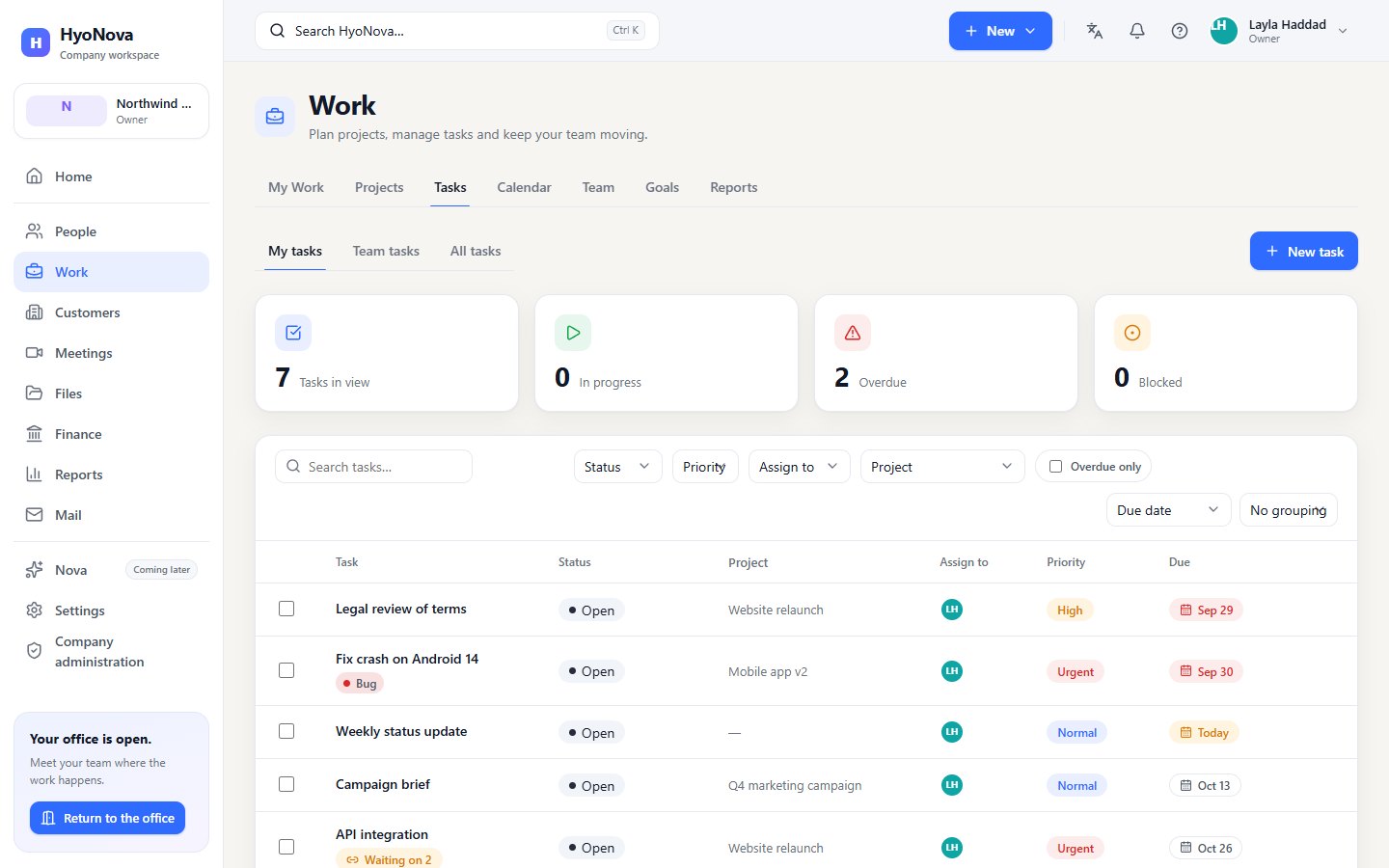 The task centre with My tasks, filters and the task list