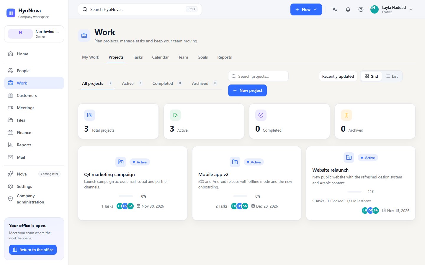 The Projects page with counters, filter tabs and project cards