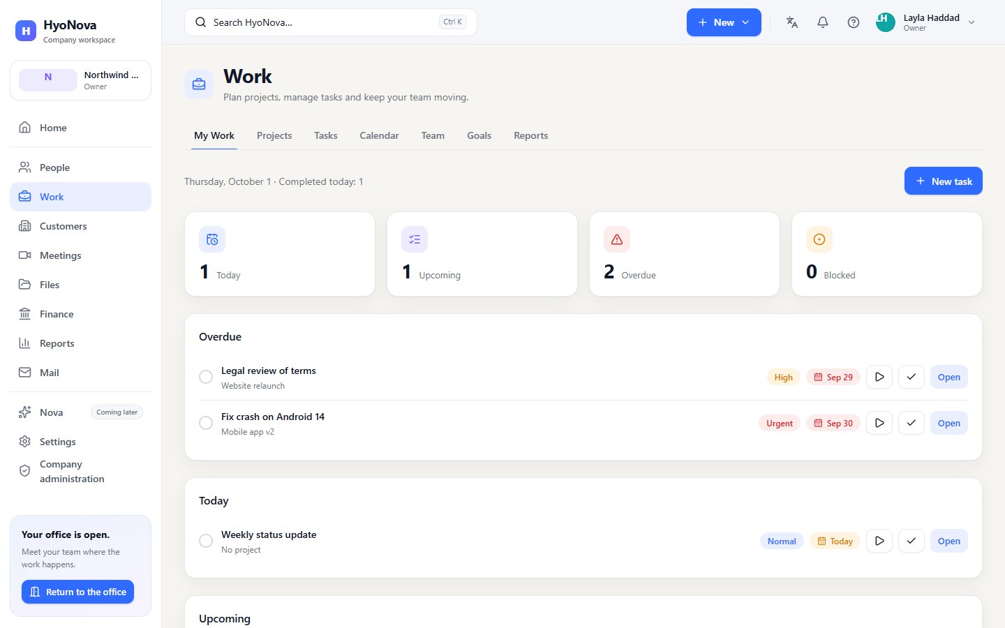 My Work: today's tasks, upcoming, overdue and blocked