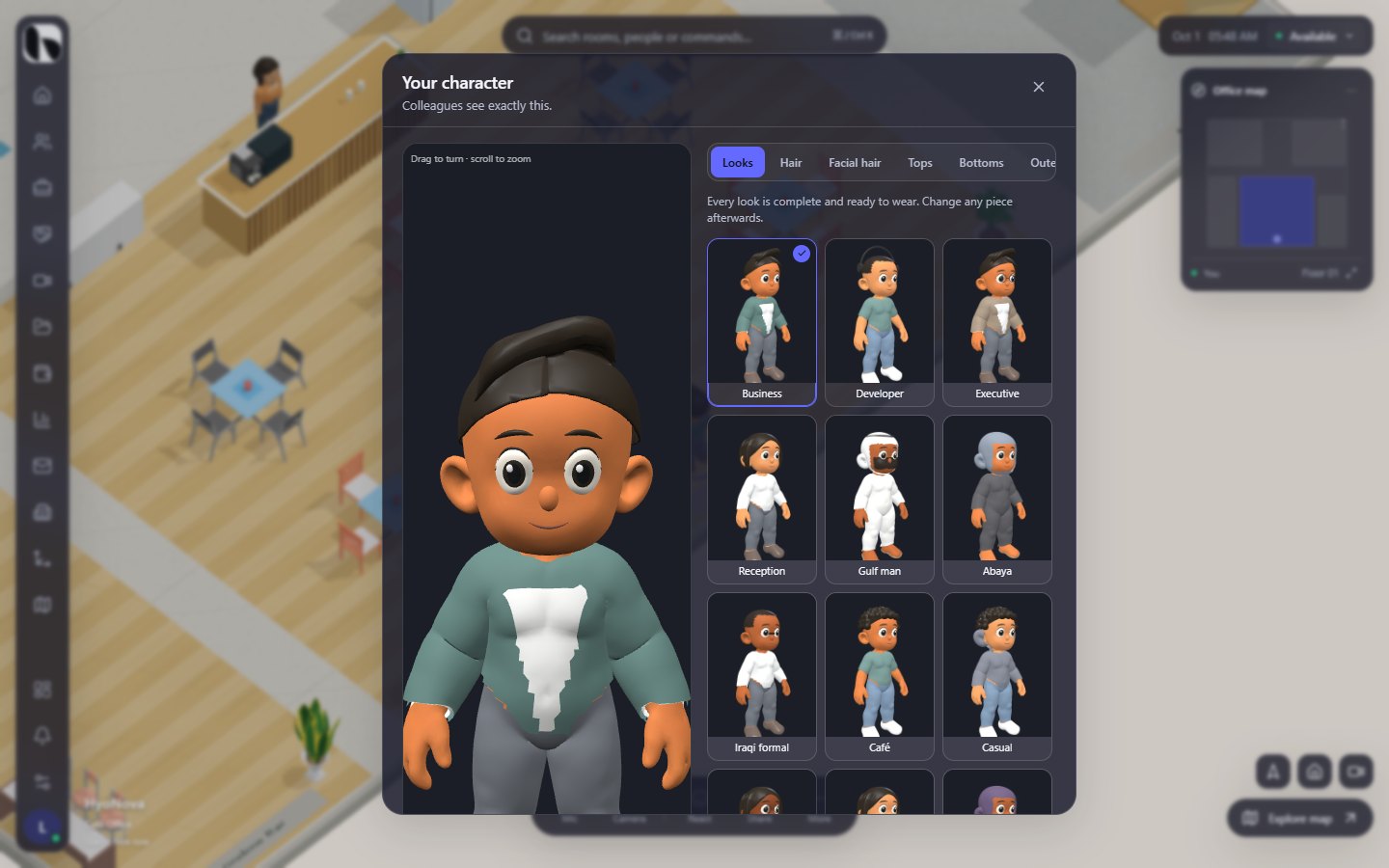 The character sheet with looks, a large preview and wardrobe tabs
