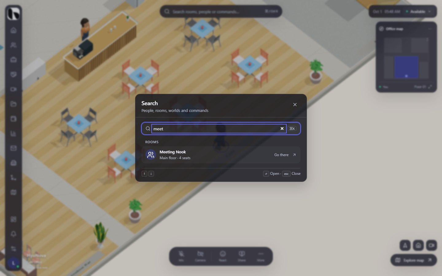 The search palette showing matching rooms, people and commands