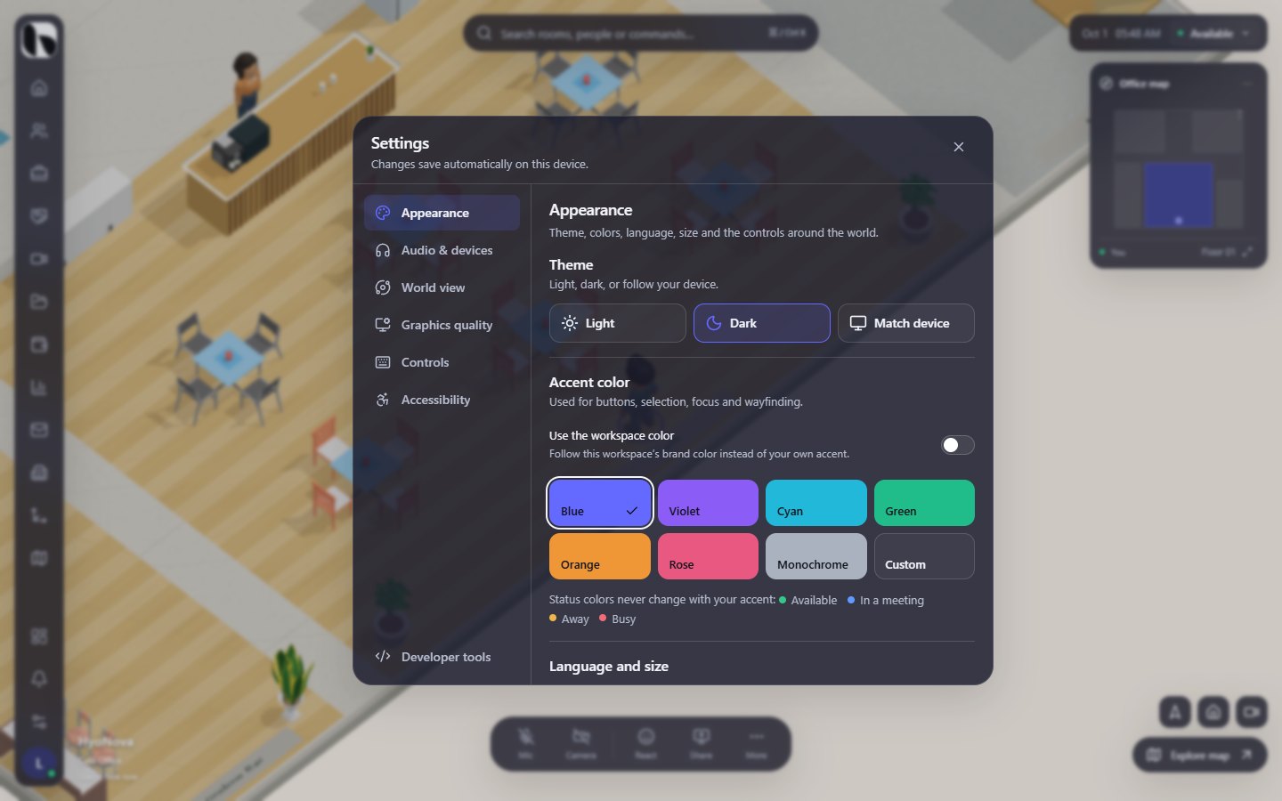 The office Settings with Appearance, Audio & devices, World view, Graphics quality, Controls and Accessibility